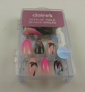 Claire's faux nails summer palm trees pink black blue glue elegant fun - Picture 1 of 8