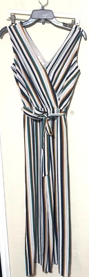 Maurices Jumpsuit sleevelss Womens S gray navy green stripe v-neck crepe belted - Image 1 of 4