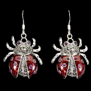 925 Pendientes de Plata de Ley Redondo Rubí Marcasita Gema Natural Bicho Joyería - Imagen 1 de 13
