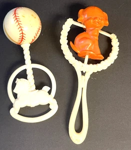 2 Vintage Baby Rattles Toys Baseball & Puppy Dog - Picture 1 of 3