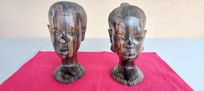 Couple Art africain 2 Têtes anciennes années 50/60 Sculpture statue en bois - Photo 1/4