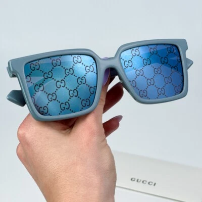 Gucci GG1540S 003 Light Blue Violet Logo Mirrored Men Square Sunglasses NEW - Image 1 of 4