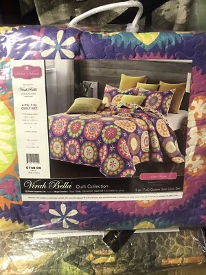 Suri Purple 3 Pc F/Q Size Quilt Set Blanket w/2 Matching Shams Virah Bella - Image 1 of 3