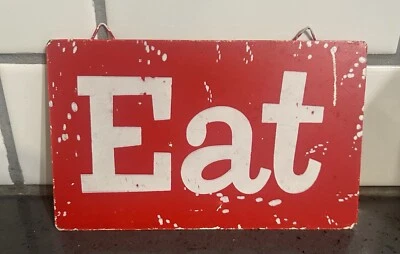 Placa de letrero EAT miniatura pequeña de metal rojo blanco 6,5" x 4" Foto 1 de 4