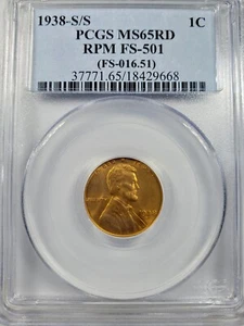 1938 S/S RPM FS 501 Lincoln Wheat Cent MS 65 RD PCGS  - Picture 1 of 4