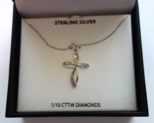 NIB Sterling Silver Diamond Cross Pendant Necklace 1/10 CTTW Diamonds 18" Chain - Picture 1 of 5