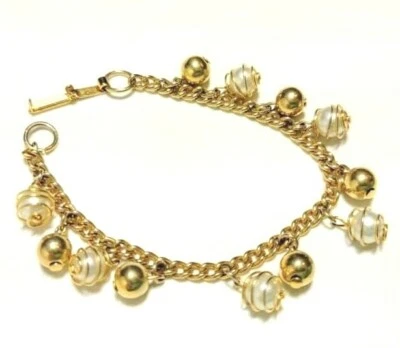 Винтажный золотой украшенный бусины витая ссылка цепочка браслет - Изображение 1 из 2