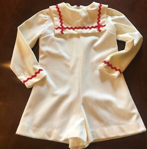 Vintage 1960's White Polyester Romper With Large Square Collar & Red Trim