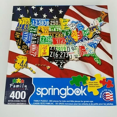 Springbok Family Jigsaw Puzzle 400 pc State License Plates USA Small Big Pieces - Image 1 of 4