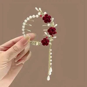 Elegant Red Rose Alloy Ponytail Clip Faux Pearl Tassel Women's Hair Accessories - Picture 1 of 7