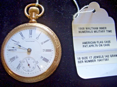 1908 WALTHAM 18 SIZE 17 JEWELS MILITARY TIME FLAG  CASE PAT. APR. 79 NO BRASSING - Image 1 of 4