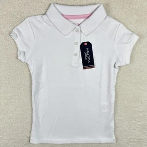 Nautica School Girls' Picot Collar Interlock School Uniform Polo Shirt Whie - Picture 1 of 12