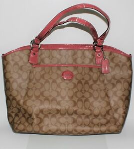 Coach Peyton  Lg as is Signature Handbag Khaki Pink  ext strap Preown Authentic
