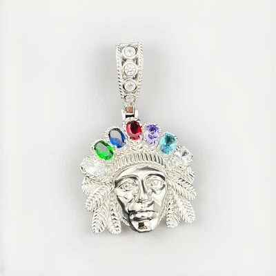 Indian Feather Hat Face Pendant 17.3g Sterling Silver 925 Colorful CZ Stones L - Image 1 of 4