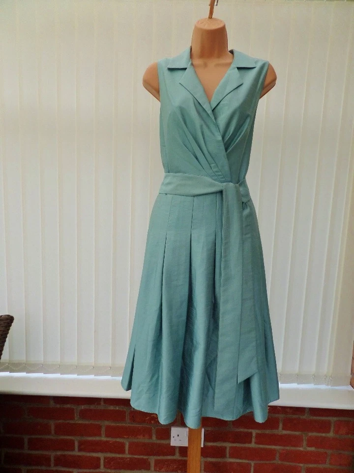 VESTIDO MIDI JESSICA HOWARD VERDE MAR SATÉN AÑOS 50 NUEVA YORK PLISADO ACAMPANADO 14 DOS VECES Foto 1 de 4