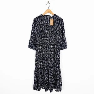 Monsoon Black Ikat Diamond Print 3/4 Sleeve Midi Shirred Dress - Size 14 NEW - Picture 1 of 8