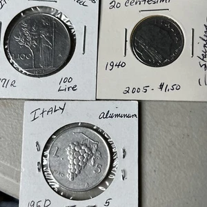 Lot of 3-Italian coins 1950 5 lire, 1971 100 lire, 1940 20 Centesimi - Picture 1 of 7