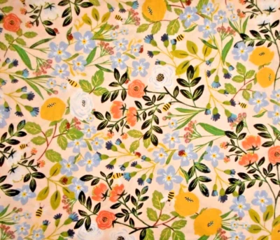 Quilt Fabric 3/4 Yard Orange Yellow Blue Green Floral on Peach Premium Cotton - Image 1 of 2