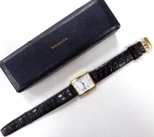 Vintage Men's Tiffany & Co. 14kt Tank Watch yellow gold black leather band / Box - Picture 1 of 12