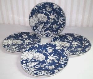 222 Fifth Adelaide Dark Blue & White Floral Porcelain Dinner Plates Set of Four - Picture 1 of 3