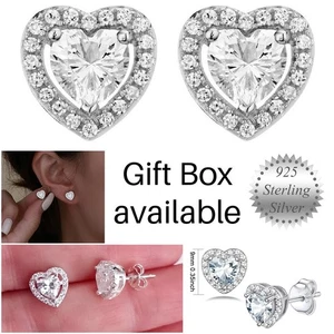 9mm Heart Halo Stud Earrings * Clear CZ * 925 Sterling Silver * Gift Box Option - Picture 1 of 6