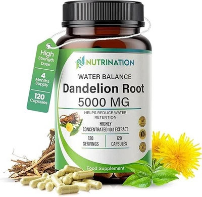 NUTRINATION Water Retention Tablets Dandelion Root Capsules 5000mg 4Month Supply gift her