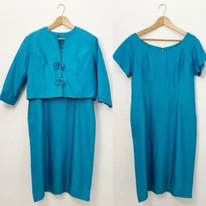 Vintage 50s 60s Dress Blue Sheath Wiggle Cocktail Evening With Matching Jacket L - Picture 1 of 14