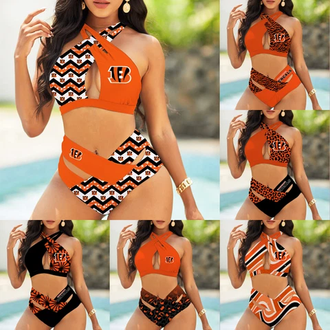 Cincinnati Bengals Womens 2PCS Front Cross Bikini Set High Waist Bathing Suit Cover