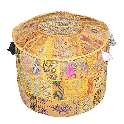 Round Moroccan Bohemian Vintage Cushion Cover Indian Yellow Poufs Floor Decor - Image 1 of 4
