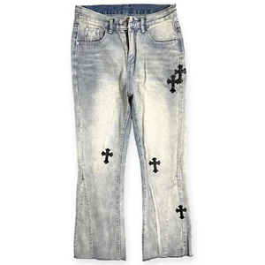 NWT Oreeta Design Flared Cross Patch Blue Denim Jeans Women’s Size Small - Picture 1 of 8