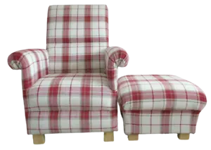 Laura Ashley Highland Check Cranberry Red Fabric Adult Chair & Footstool Tartan - Picture 1 of 24