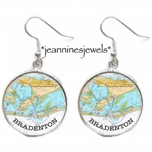 Bradenton Florida EARRINGS Nautical Map Art Print SILVER Charm Dangle Earrings - Picture 1 of 13