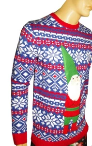 Herren Garten Wichtel lustig Schneeflocke Schnee hässlich Weihnachten Pullover Party Sm Med NEU - Bild 1 von 1