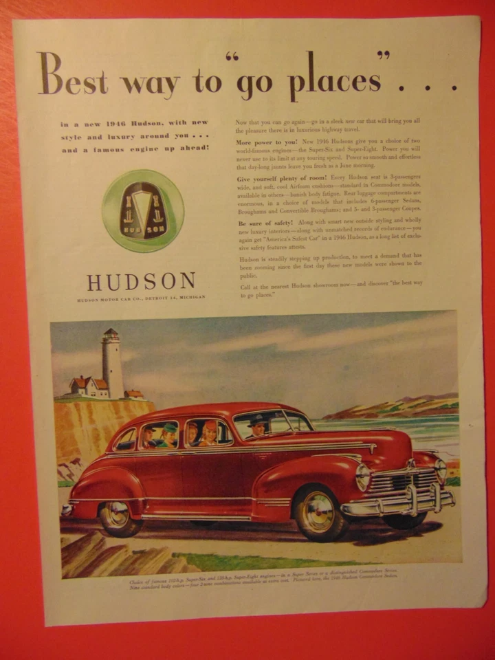 1946 HUDSON Red Sedan Best way to go places photo art print ad - Image 1 of 1