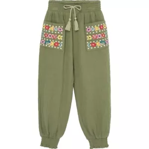 Peek Embroidered Gauze Jogger Pants Girls 12 Olive Multi Elastic Waist Pull On - Picture 1 of 11