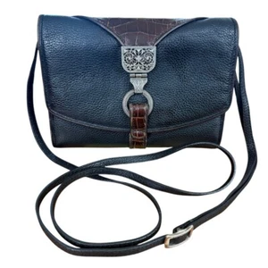 Brighton Nepal Organizer Black Brown Pebble Leather Crossbody Shoulder Bag Purse - Picture 1 of 16