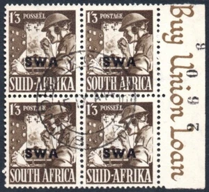South West Africa 1941-3 1s3d olive-brown, block of 4, SG.120, VFU, cat.£46+ - Picture 1 of 1