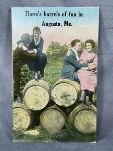 C.1915 Postcard "Barrels of Fun in Augusta" Couples, 5 3/8" x 3 3/8" Unused - Picture 1 of 4