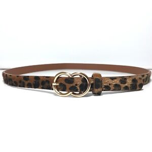 Leopard Print Belt SZ Large Women Brown Black Gold Buckle Fur Ladies Skinny
