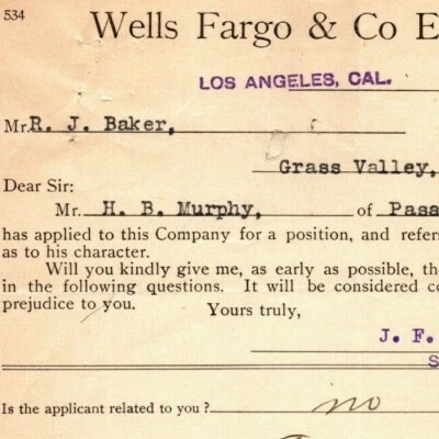 Formulario de referencia/testimonio de empleo Wells Fargo Express 1913 Grass Valley, ORE Foto 1 de 3