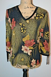 Sharon Anthony Black V Neck Top w Gold & Brown Accents - M - Picture 1 of 2