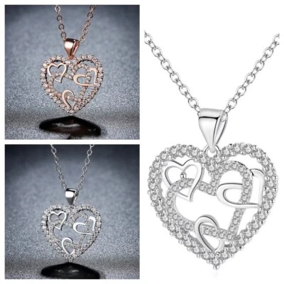 925 Placcato Argento Cuore Love Bling Ciondolo Collana Gioielli Lucente Regalo - Immagine 1 di 3