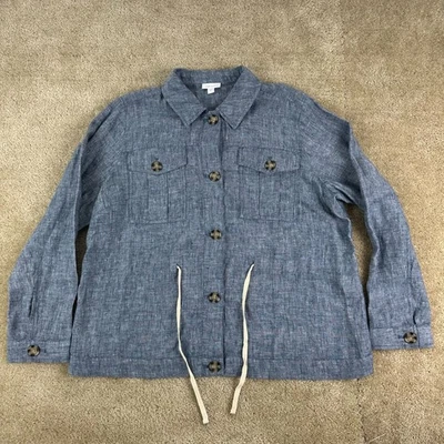 J. Jill Love Linen Jacket Large Blue chambray Button Front Drawstring Summer - Image 1 of 4