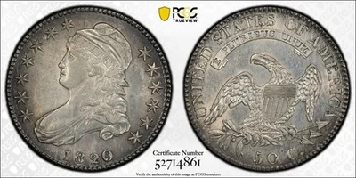 Монета номиналом 50 центов 1820/19 с изображением бюста и крышкой PCGS AU детализация редкая разновидность изящная - Изображение 1 из 3
