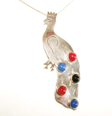 Mexico Sterling Silver Peacock Red Blue Onyx Gems 3.75" Pendant Pin 18" Necklace - Image 1 of 4