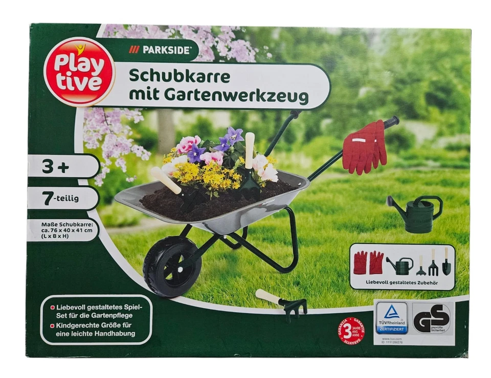 PLAYTIVE Kinderschubkarre mit Gartenwerkzeug Schubkarre Garten Kinder Werkzeug Handschuhe