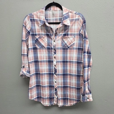 Camisa tocador para mujer mediana rosa azul a cuadros con botones lengüeta enrollable manga larga Foto 1 de 4