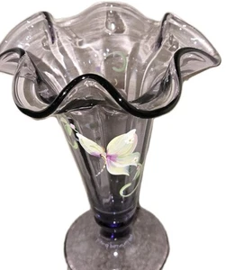 Fenton Art Glass Vase Purple, Hand Painted, Signed Ruffled 7" Butterflies - Picture 1 of 6