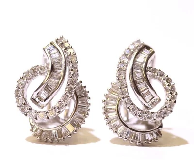 18k white gold Natural .98ct Diamond swirl earrings 5.1g omega backs Cluster - Image 1 of 4