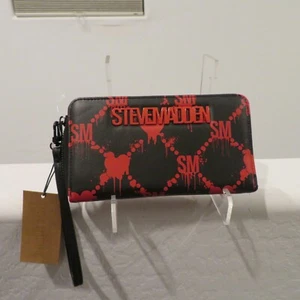 Steve Madden Cremallera Alrededor Corazón Gráfico Billetera Muñequera Negro Rojo BZIPP-HT NUEVO CON ETIQUETAS - Imagen 1 de 7